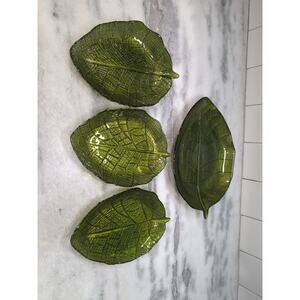 Pressed Glass‎ Leaves Set, Green Decorative Leaves, Gold Paint Trim, Set of 4